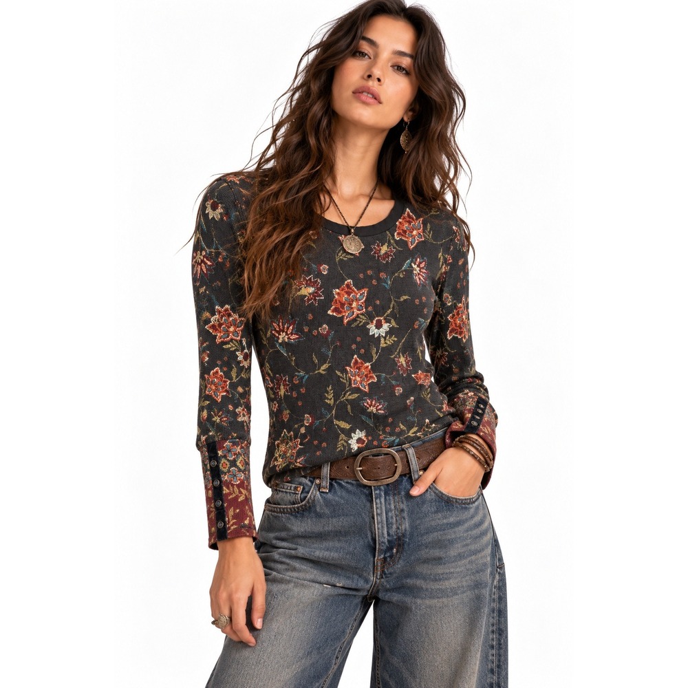 Sundance Floral Waffle Knit Thermal Top sz S Velvet Button Cuff Cottage Boho